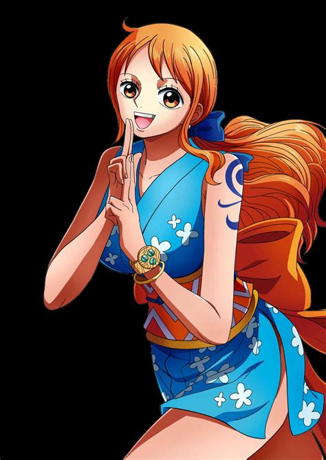 Nami is a vibrant character from the anime and manga series, One Piece. She's the go-to navigator for the Straw Hat Pirates, boasting impressive skills in map reading and weather manipulation with her Clima-Tact. Nami's a cheerful, determined soul, often spotted in her iconic orange mini-skirt and blue-striped shirt.